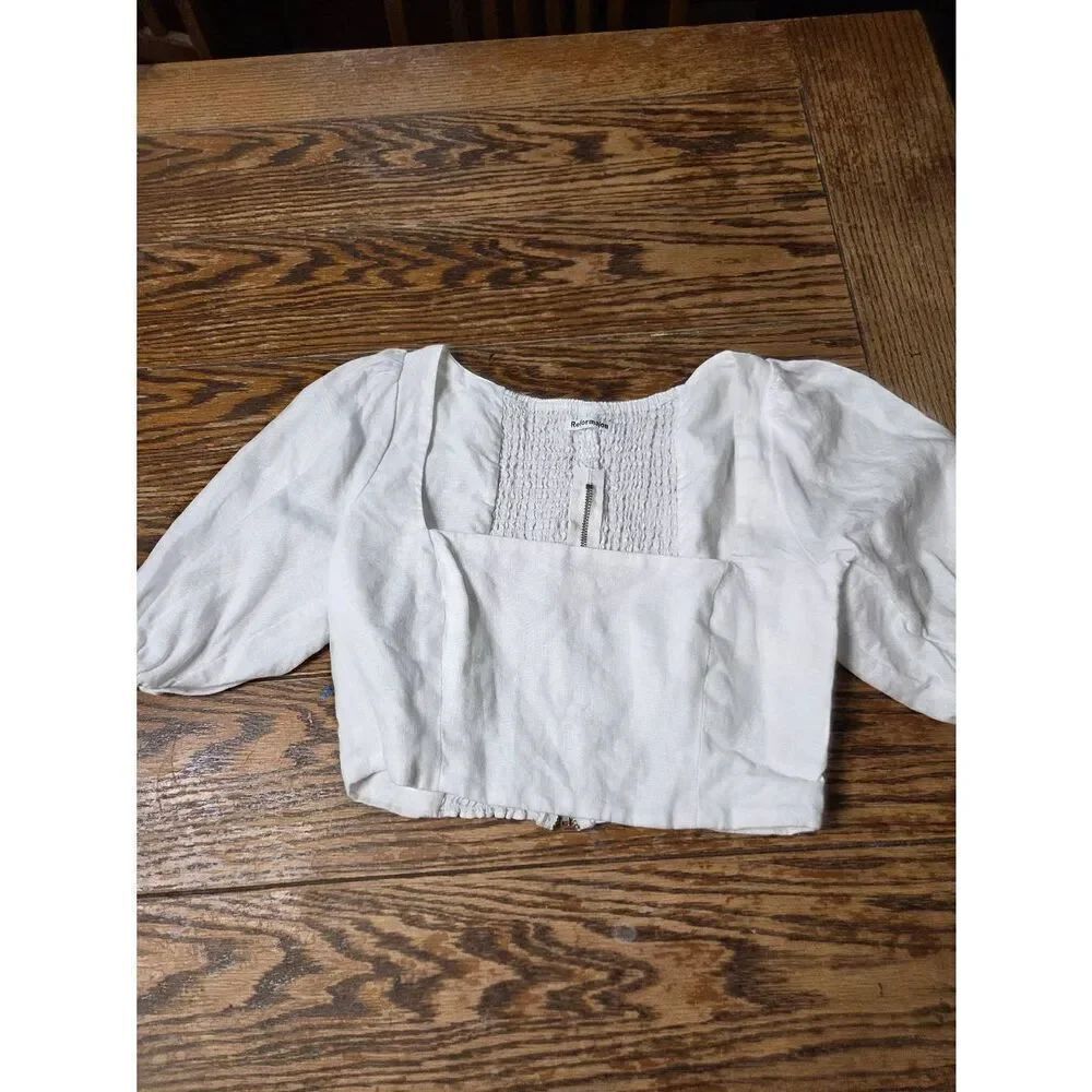 Reformation White Linen Puff Sleeve  Square Neckline Top Sz 4